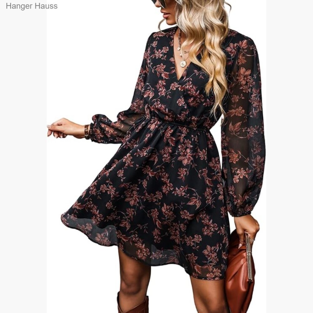 Long Sleeve Mini Dress V Neck Chiffon Flowy A Line Casual Spring